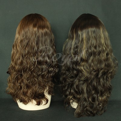 Real human natural virgin cuticle hair long hair wavy  brown color jewish wig front lace